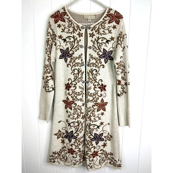 Peruvian Perfection Crean Open Front Metal Decorative Closure Duster Cardigan - Picture 1 of 8